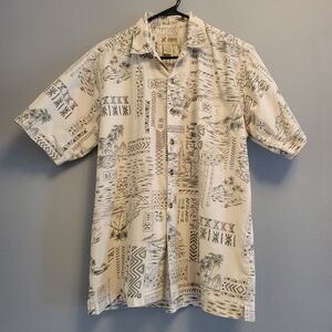 Vintage Haband Hawaiian Shirt Tiki Oar Print Pale Green Gray Mens M